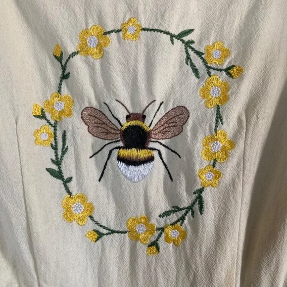 Cream Cotton Embroidered Bee and Garland Vine Square neck Dress - Picture 4 of 10